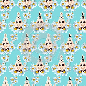 Easter bunny and daisies, seamless pattern