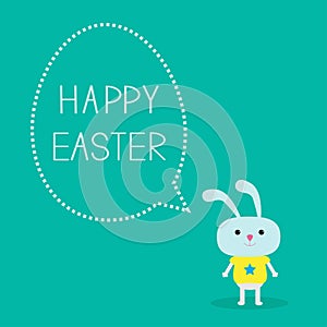 Easter bunny and dash line egg bubble. Card.