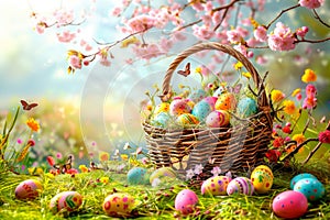 Easter Bunny Decorated Eggs Adorable Rabbit Spring Color Copy Space