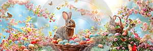 Easter Bunny Decorated Eggs Adorable Rabbit Spring Color Copy Space Banner Header