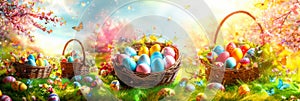 Easter Bunny Decorated Eggs Adorable Rabbit Spring Color Copy Space Banner Header