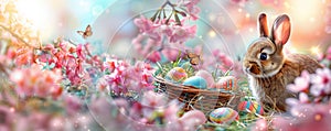 Easter Bunny Decorated Eggs Adorable Rabbit Spring Color Copy Space Banner Header
