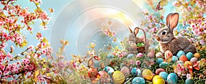 Easter Bunny Decorated Eggs Adorable Rabbit Spring Color Copy Space Banner Header