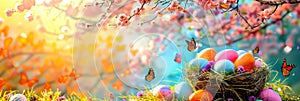 Easter Bunny Decorated Eggs Adorable Rabbit Spring Color Copy Space Banner Header