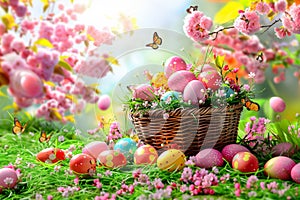 Easter Bunny Decorated Eggs Adorable Rabbit Spring Color Copy Space Sale