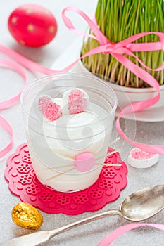 Easter bunny dessert cream in glass , funny idea for Easter treats for kids