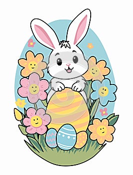 The Easter bunny. A drawing of a cute white rabbit with colored eggs and spring flowers in a cartoon style. vector illustration