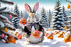 Easter Bunny Dressed in a Halloween Costume Holding a Christmas Ornament: Surrounded by Pastel Easter Delights
