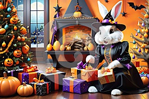 Easter Bunny Dressed in a Halloween Witch Costume: Placing Gifts Under a Brightly Lit Christmas Tree in a Whimsical Celebration