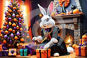 Easter Bunny Dressed in a Halloween Witch Costume: Placing Gifts Under a Brightly Lit Christmas Tree in a Whimsical Celebration