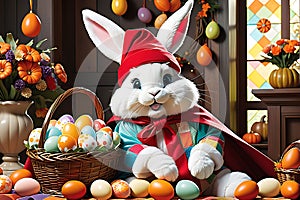 Easter Bunny Dressed in a Patchwork of Different Festive Costumes: Half Embodying the Playful Innocence of Various Celebrations