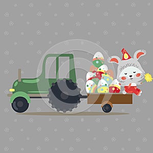 Easter bunny drive car with truck, decorated eggs hunter cute white rabbit auto driver hunting, happy holiday vector