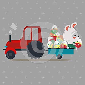 Easter bunny drive car with truck, decorated eggs hunter cute white rabbit auto driver hunting, happy holiday vector