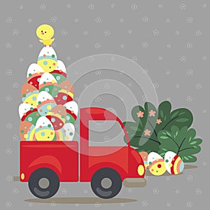 Easter bunny drive car with truck full of decorated eggs, happy holiday vector greeting card, spring green bush and auto