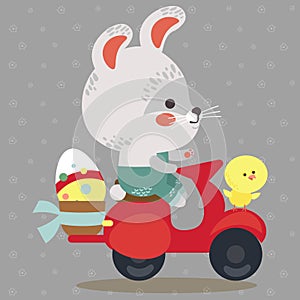 Easter bunny drive motorcycle, decorated eggs hunter hare carries a baskett, cute white rabbit auto driver hunting