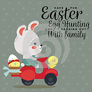 Easter bunny drive motorcycle, decorated eggs hunter hare carries a baskett, cute white rabbit auto driver hunting