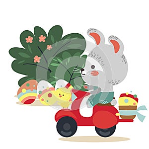 Easter bunny drive motorcycle, decorated eggs hunter hare carries a baskett, cute white rabbit auto driver hunting