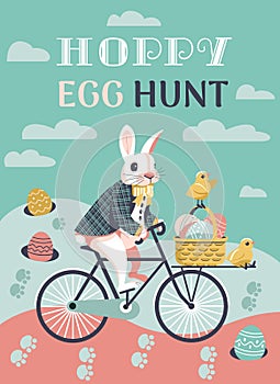 Easter Bunny driving eggs for Egg Hunt game poster