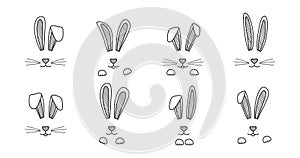 Easter bunny ear, rabbit face, paw, whisker. Doodle hare outline design, cute character vector line icon. Animal hand drawn