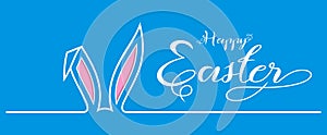 Easter Bunny Ear vector with Happy Easter greeting. Blue Background.