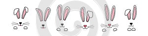 Easter bunny ear vector icon, rabbit headband drawn. Doodle ears and muzzle with whiskers, paws, cute face character. Animal