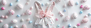 Easter Bunny Ears and Eggs on White Table - Happy Easter Greeting Card and Fabric Gift Bag Concept