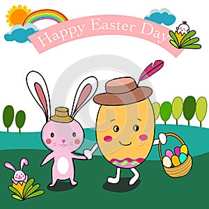 Easter bunny with easter egg.happy Easter Day card with smiling egg holding hand with rabbit and holding colourful eggs basket wal