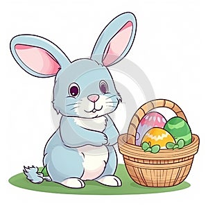 Easter bunny and easter eggs in a basket, cartoon style