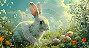 easter bunny with easter eggs easter bunny in the grass rabbit in the grass