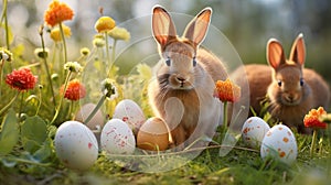 Easter bunny and Easter eggs on green grass field spring meadow. Generative AI