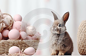 an easter bunny and easter eggs are on an offwhite woven background photo