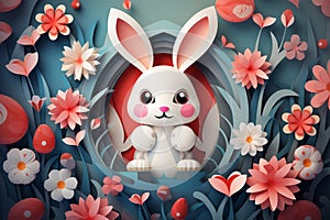 Easter bunny and easter eggs in paper cut illustration style. Generative AI