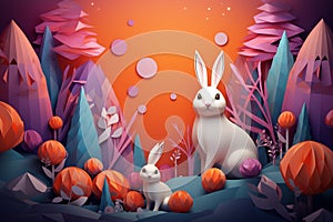 Easter bunny and easter eggs in paper cut illustration style. Generative AI