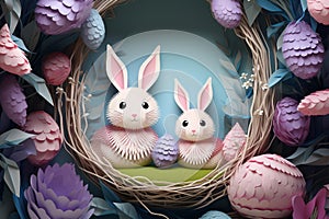 Easter bunny and easter eggs in paper cut illustration style. Generative AI