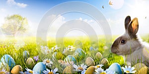 Art Easter bunny, Easter eggs and spring flower photo