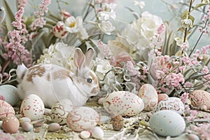 Easter bunny with easter eggs and spring flowers on wooden background