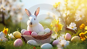 easter bunny and easter eggs in vicker basket on grass and flowers background