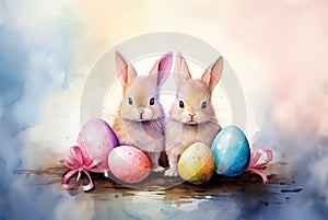 Easter bunny and easter eggs in watercolor painted style. Generative AI