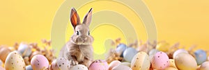 Easter bunny and easter eggs on a yellow background. Banner 3:1