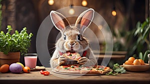 Easter bunny eating tasty pizza , cafe background