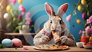 Easter bunny eating tasty pizza , cafe background