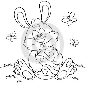 Easter Bunny with egg. Black and white vector illustration for coloring book