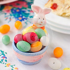 Easter Bunny Egg Holder Filled with Colorful Spotted Egg-Shaped