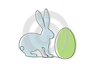 Easter bunny and egg ine line draw isolated, vector illustration