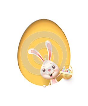 Easter bunny in a egg shaped yellow hole with a basket filled with decorated eggs - isolated on white