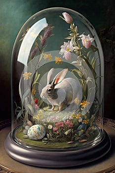 Easter Bunny with Egg Under Glass Dome, Generative AI.