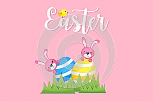 Easter Bunny and Egg Vector Vector Illustration Pink Background