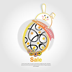 Easter bunny and egg. White rabbit with red ribbon. Happy Easter. Vector illustration