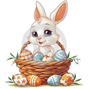 Easter, Easter bunny, Easter eggs, Easter basket, in cartoon style, white background