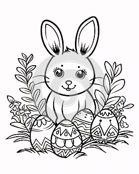 Easter bunny with eggs. Black and white vector illustration for coloring book